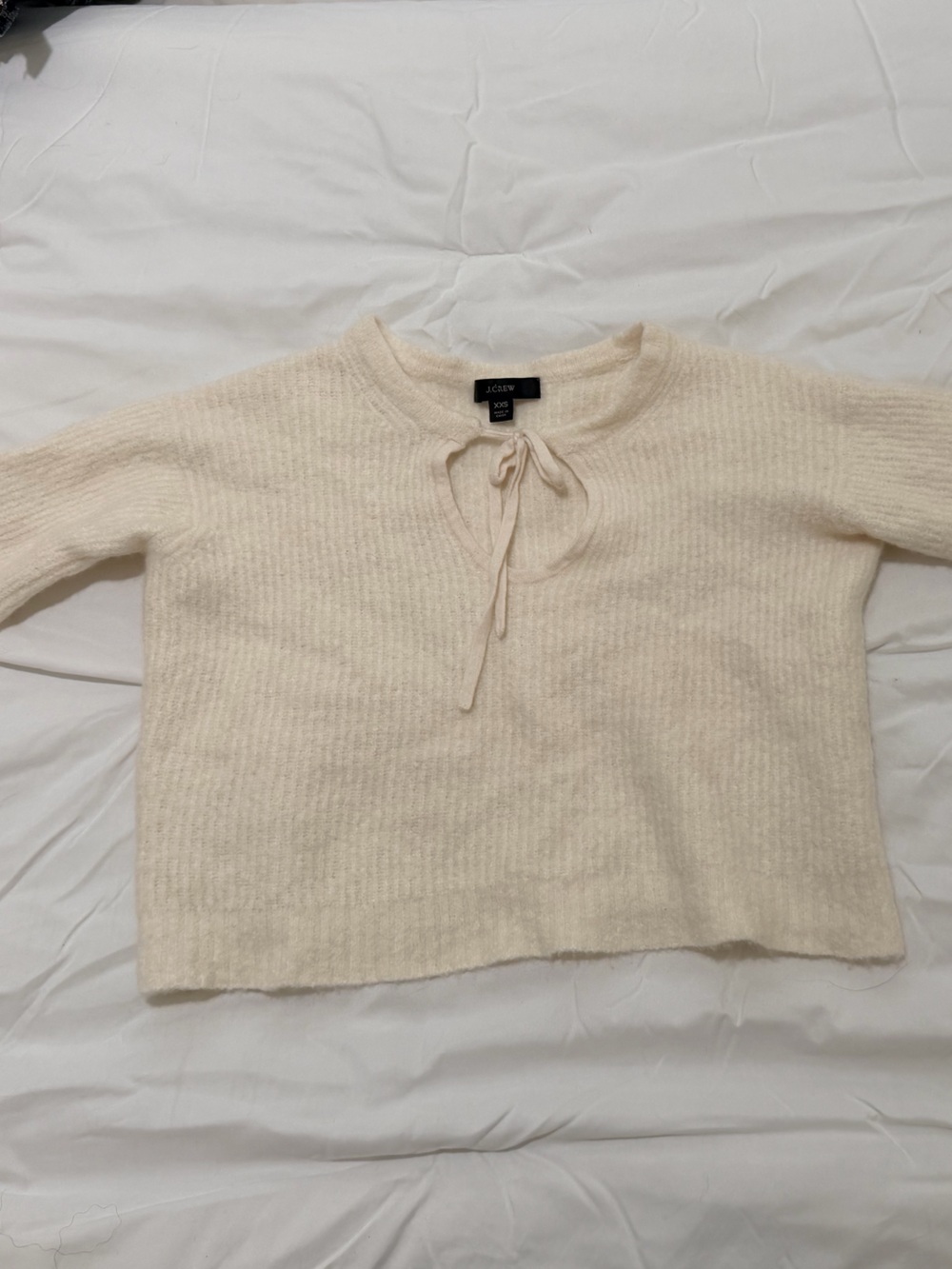 J.Crew Cream Fuzzy Knit Cropped Tie Neck Sweater | XXS